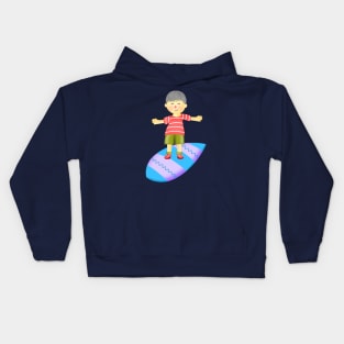 Little boy playing surfboard. Kids Hoodie